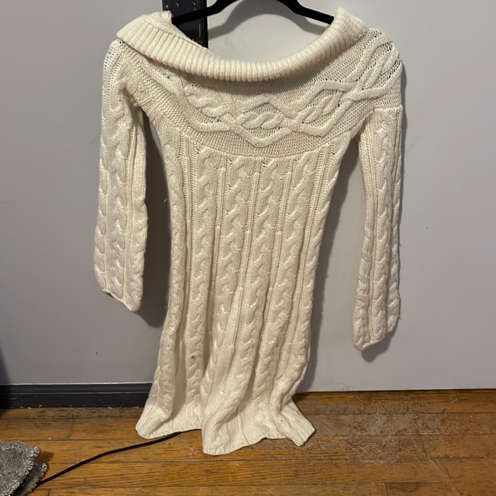 White off the shoulder, cowl neck sweater dress